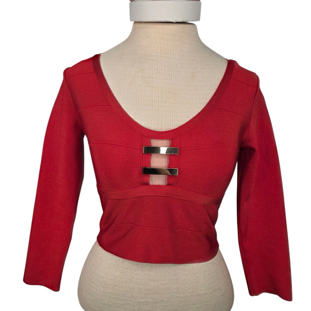 Bebe‎ Bandage Crop Top Red Gold Hardware Zip Up Back Size Small Y2K 90'S Rave